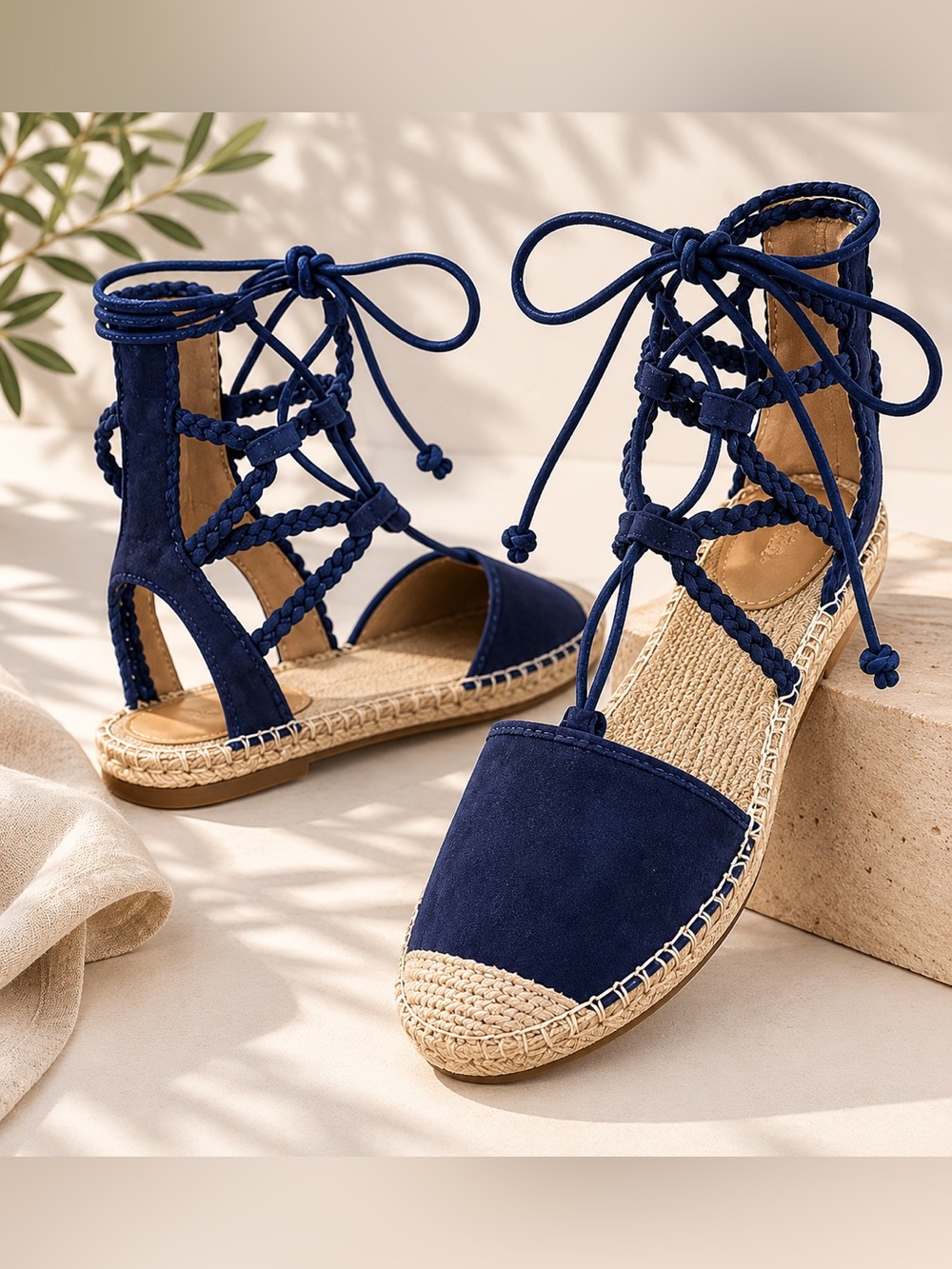 NWOT SCHUTZ Blue Kobi Suede Lace Up Espadrilles Gladiator Sandals Jute Sole 6.5